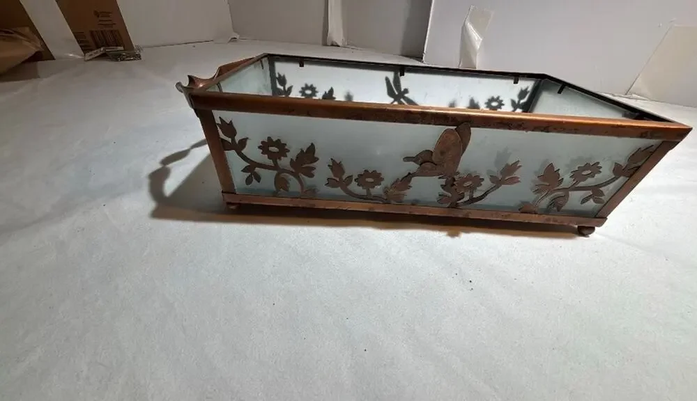 Vintage Copper and Glass Planter with Floral Design